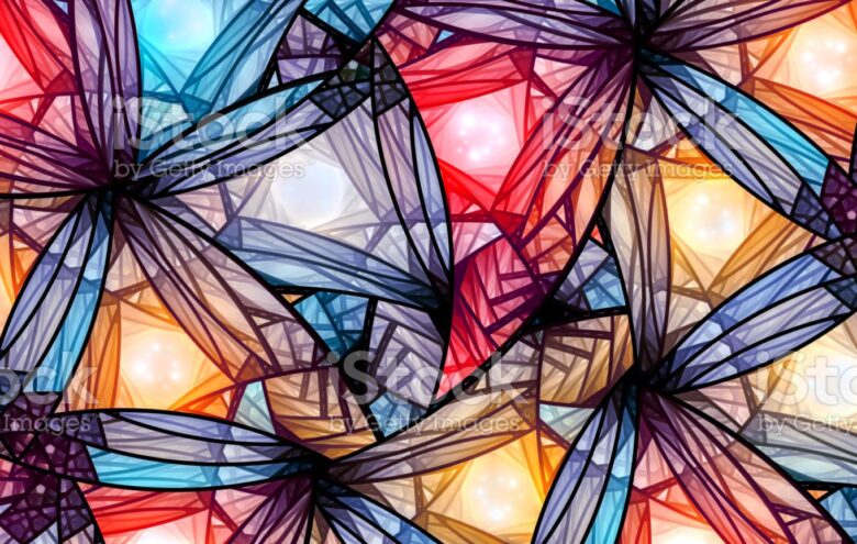 Colorful glowing stained glass, computer generated abstract background, 8k widescreen, 3D rendering